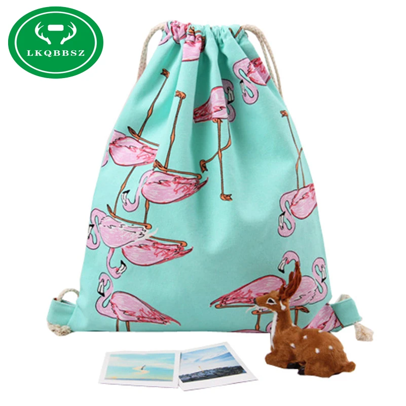 

LKQBBSZ Girls Shoulder Bags Drawstring Travel Canvas Bags Zoo Flamingos Cartoon Backpack Women Shoes Storage Bags