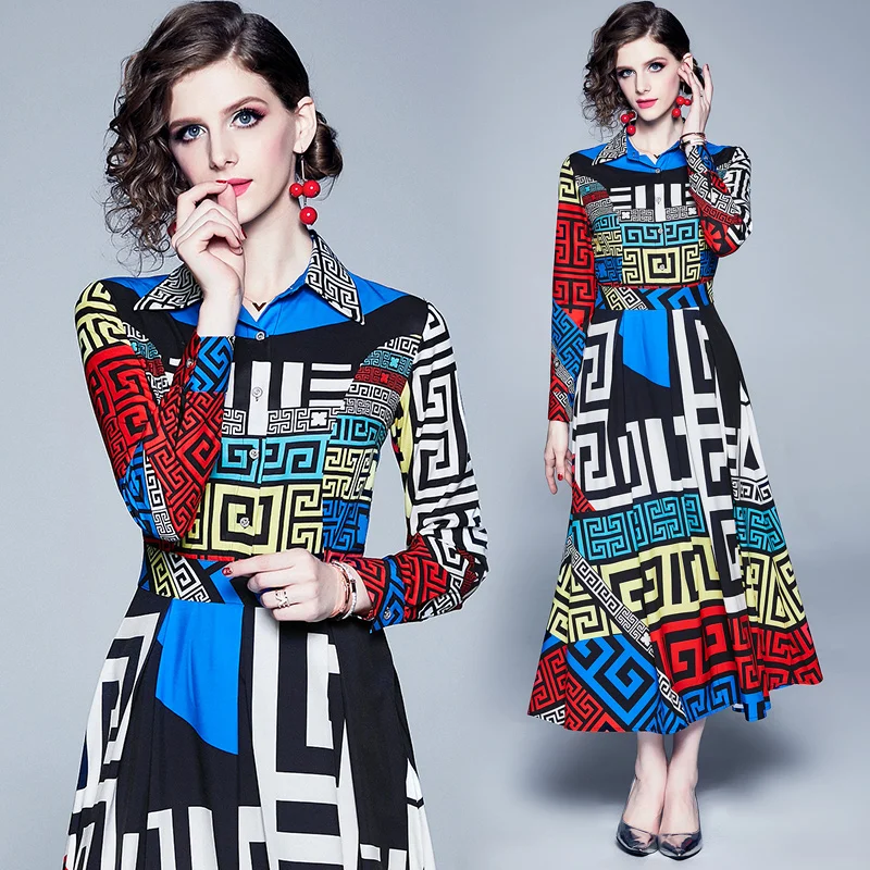 New women's catwalk fashion geometric striped contrast print dress