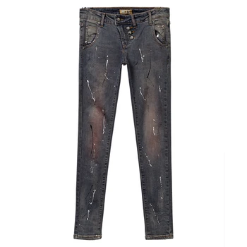 

Autumn Spring Women Coffee Printed Pattern Scratched Button Fly Pencil Denim Trousers , Women Skinny Stretch Jeans Pants