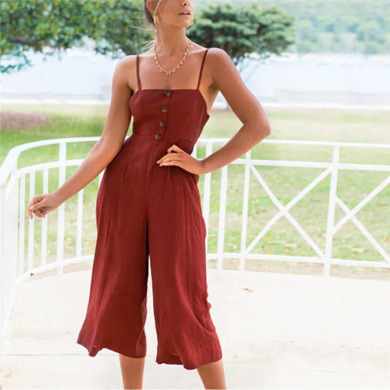 Fashion summer jumpsuit woman 2018 Strappy Soild Button Long Trouser Playsuits Jumpsuit Rompers pantaloni siamesi Y12#N (1)