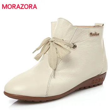 

MORAZORA 2018 new autumn winter flat with women boots fashion lace up round toe low heel ankle boots genuine leather boots