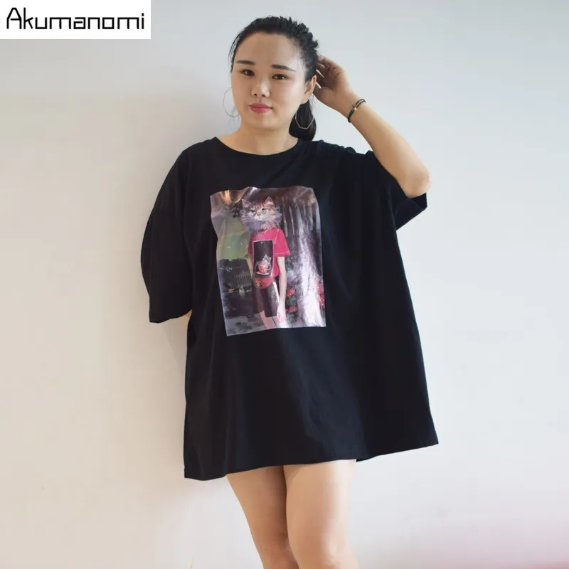 

Summer Cotton Cat Appliques T-shirt Women Clothing Short Sleeve Top Tees Plus Size 7XL 6XL 5XL 4XL 3XL 2XL