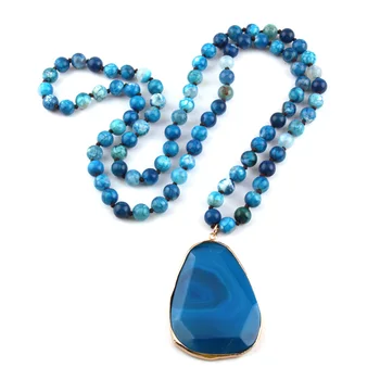 

New Fashion Bohemian Jewelry Natural Stone Blue Knotted Facet Stone Drop Pendant Women Necklace Free Shipping
