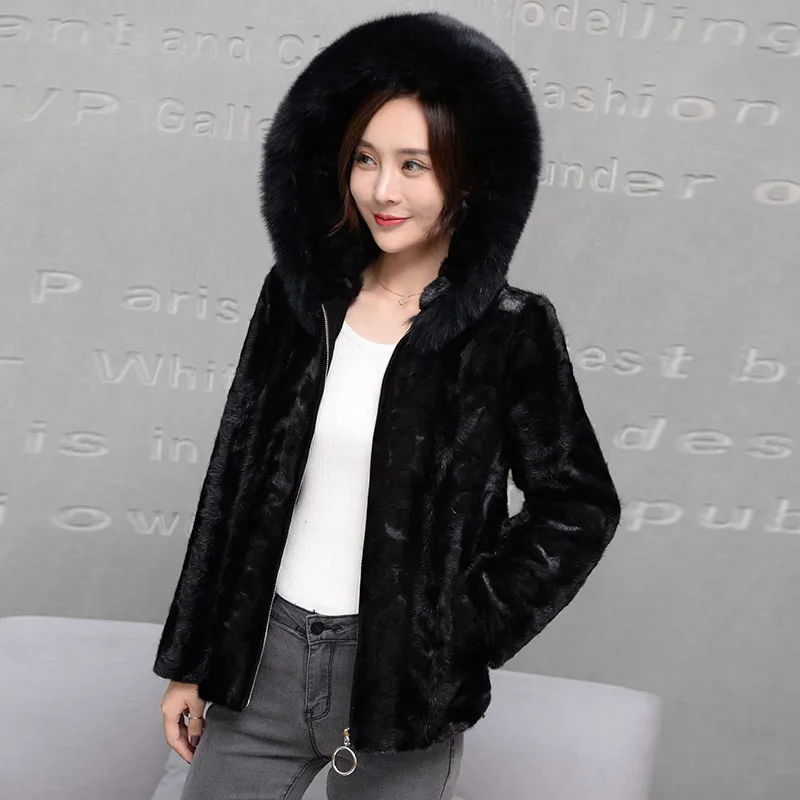 

New women pieces mink fur coat hooded with fox collar jacket outwear