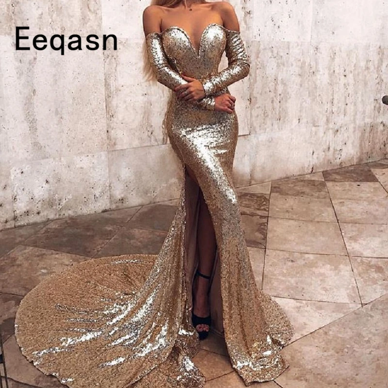 

Sparkly Mermaid Sequin Prom Dresses 2019 Long Sleeve Off the Shoulder Backless Court Train Women Evening Dress Custom