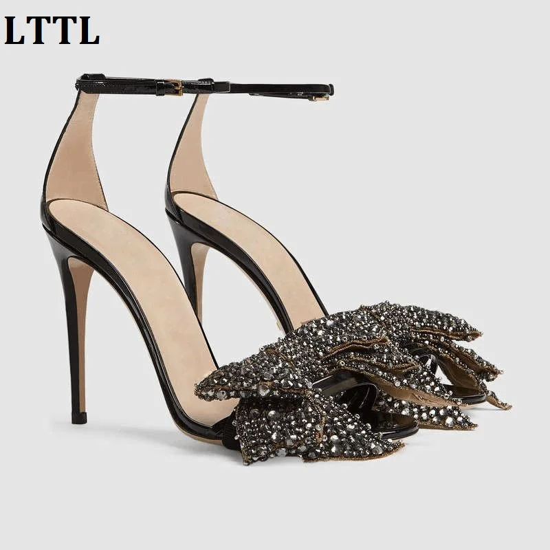 LTTL Summer Patent Leather High Heels Sandals Removable Crystal Bow