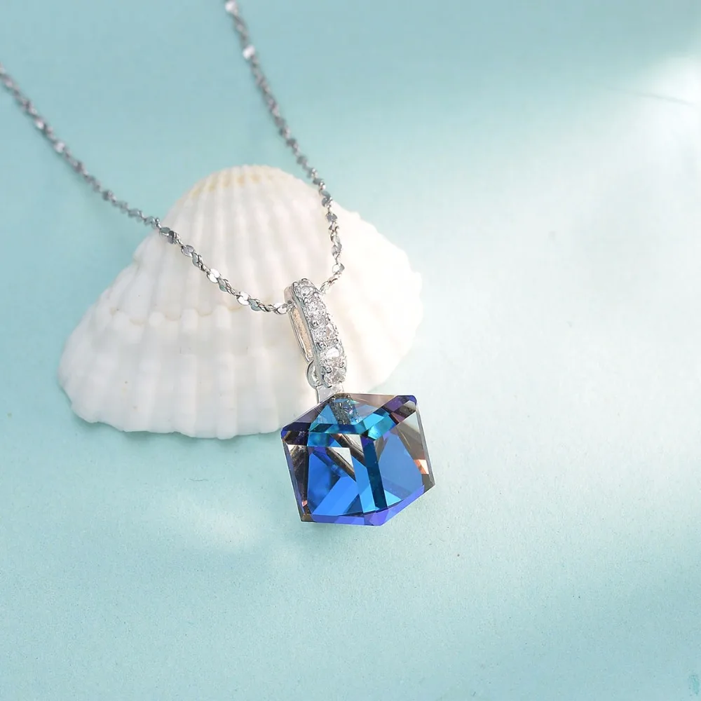 

Tuliper 925 Sterling Silver Sparkling Cube Bridal Necklace Austrian Crystal Pendant Necklace For Wedding Party Jewelry