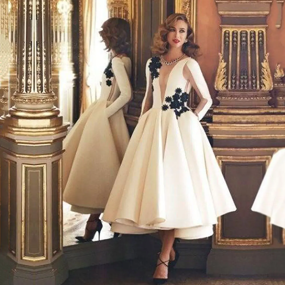 

Sexy Deep V Neck Long Sleeves Prom Dress 2019 High Quality Satin Black Lace Applique Tea Length Formal Party Gown Plus Size