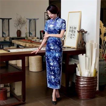 

New Arrival Chinese Women Dress Sexy Long Sheath Cheongsam Qipao Elegant Print Flowers Dresses S M L XL XXL
