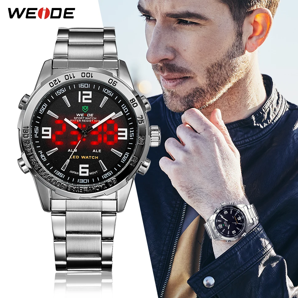 

WEIDE Famous Brand Sport LED Men Watches 30m Waterproof Stainless Steel Black Quartz Movement Gift For Men Relogio Masculino