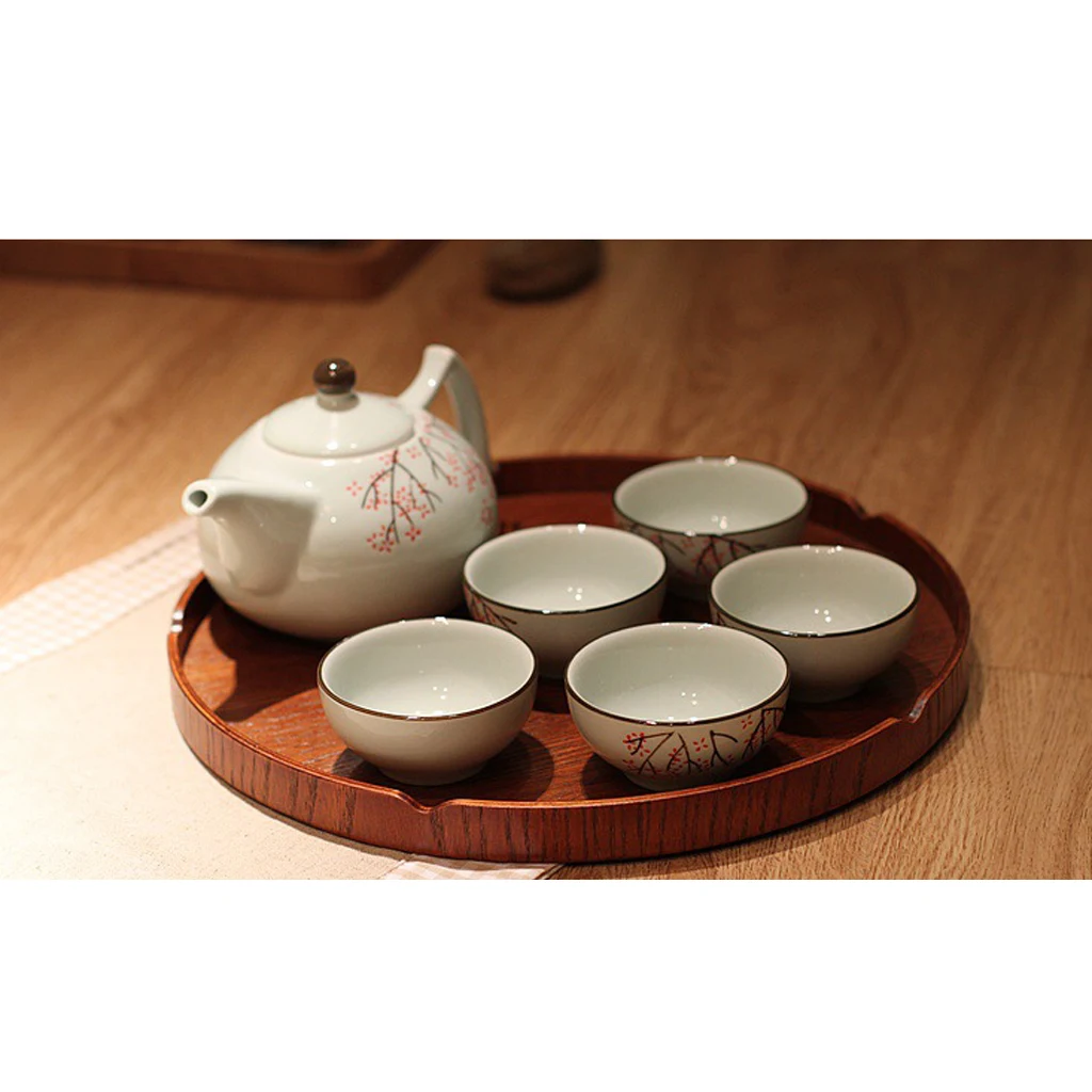 6 Types Serving Tray Wooden Tray Japanese Style Tea Home Hotel Guest Room Dish Round Wood Trays with Hollowed-out Cherry Blossom