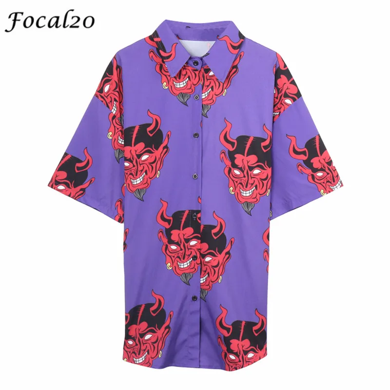 

Focal20 Trendy Demon Print Women Blouse Shirt Spring Summer Turn-down Collar Short Sleeve Casual Female Blouse Top Streetwear