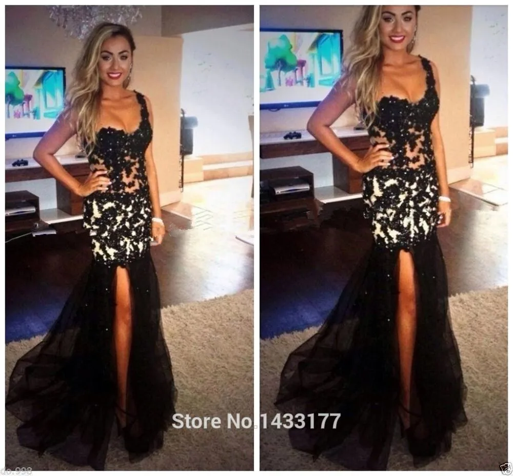 

Mermaid Prom Dresses 2015 vestidos de festa longo One Shoulder Black Dress Long Slit Sheer Lace Sexy Party Pageant Gowns