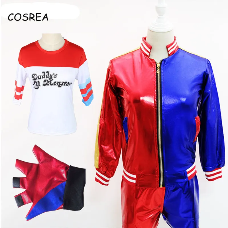 

Movie Suicide Squad Batman cosplay Costumes harley quinn Monster T Shirt Top Jacket Pants Wrist guards Accessories Full Set