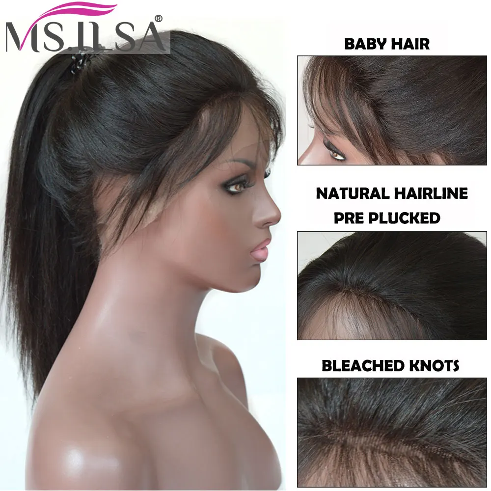 Полный парик шнурка с волосами младенца светильник яки Remy человеческих волос парики для черных женщин с волосами младенца Yaki прямой естественный цвет MS. ILSA