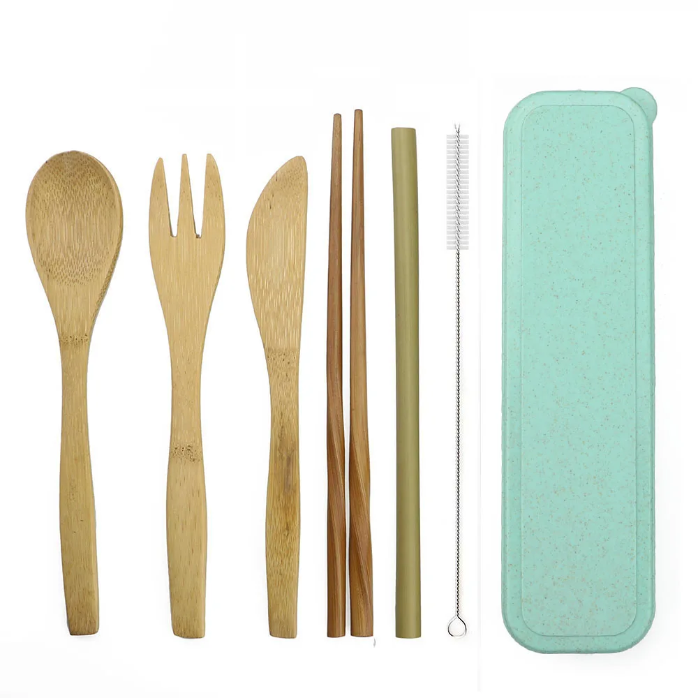 10Set Organic Bamboo Cutlery Set Portable Straw Reusable Dinnerware Travel Sets Reusable