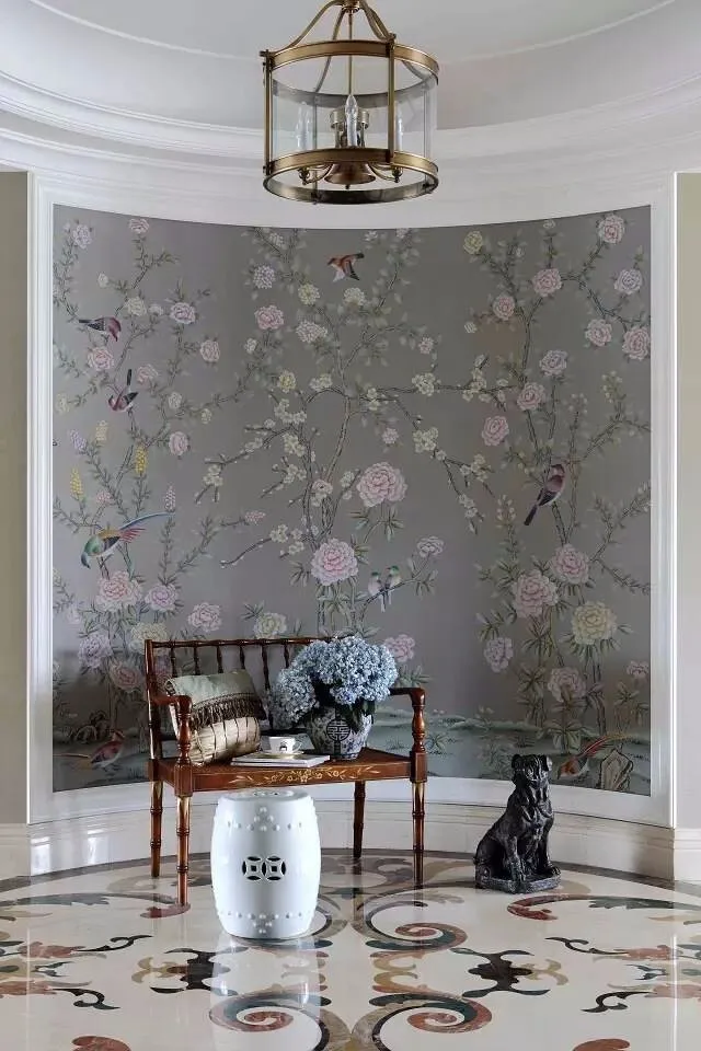 

Classic style elegant Hand-painted silk wallpaper painting flowers with birds wallcovering many patterns and background optional