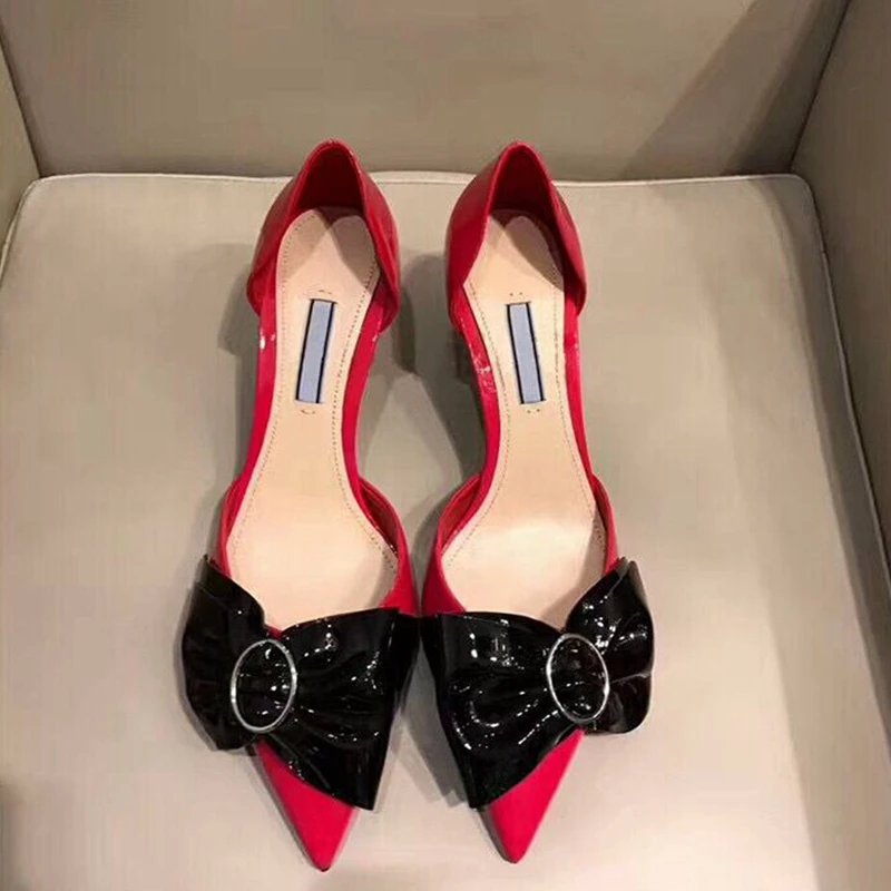 

Pointed Toe Woman Pumps Chic Heels Slip On Women Shoes Butterfly Knot Woman Stiletto Patent Leather Chaussures Femme Runway Shoe