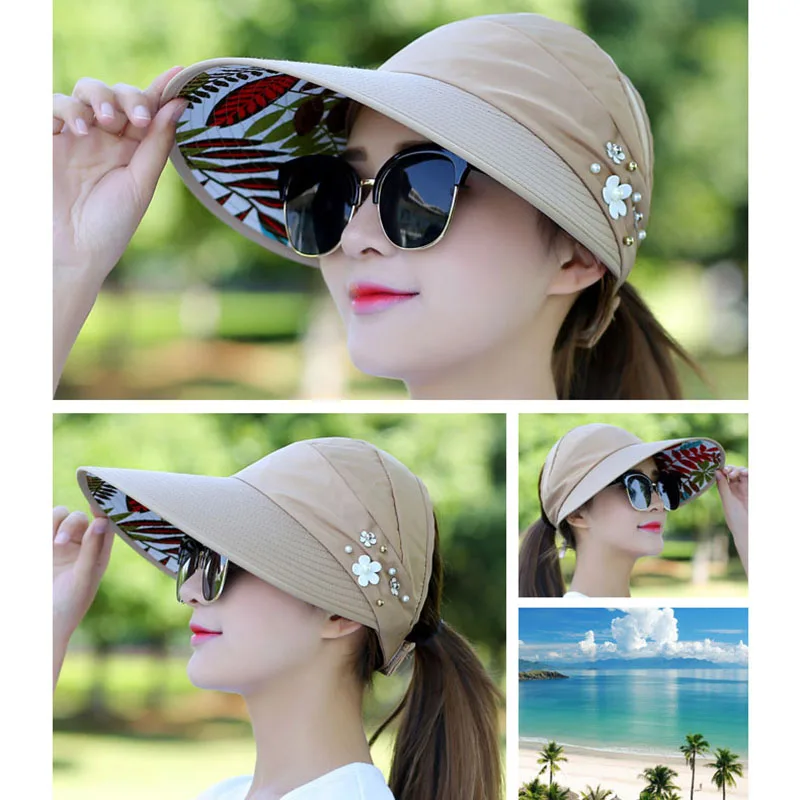 Summer Hats For Women Foldable Sun Hat Pearl Flower Visor Suncreen Floppy Cap Female Outdoor Casual Baseball Cap