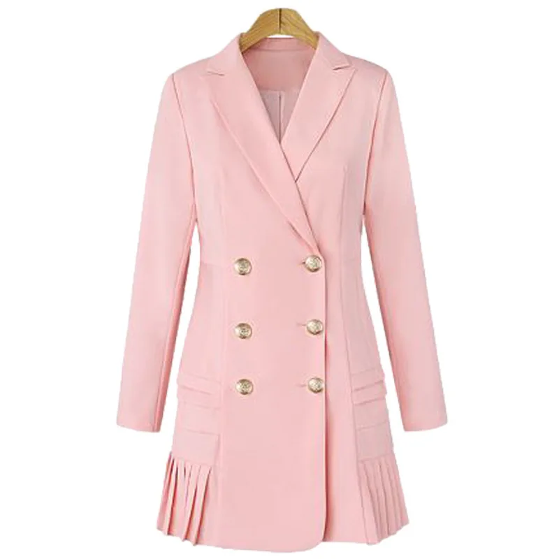 

[EWQ] 2019 New Autumn Fashion Lapel Long Sleeve Black Double Row Buckle Pleated Hem Patchwork Loose Women Coat Tide JA9720