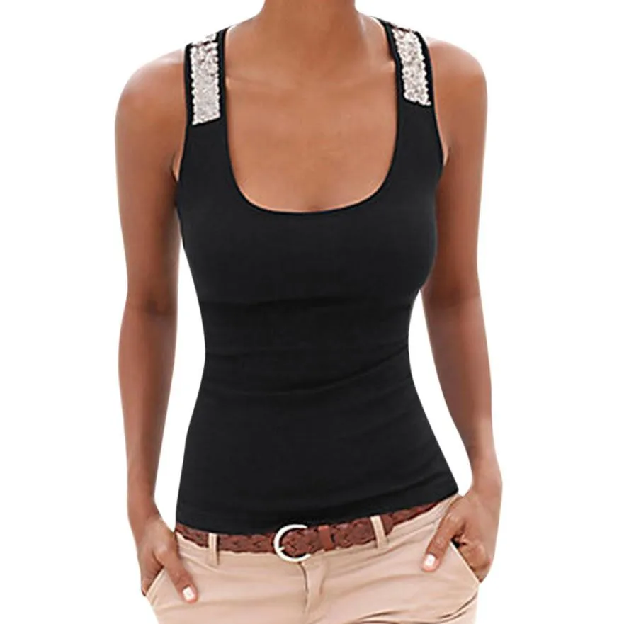 

Sleeveless Camisole T Shirt Sequin Vest Summer 2018 Fitness Plain Tops Feminine Clothes For Women Female Tops
