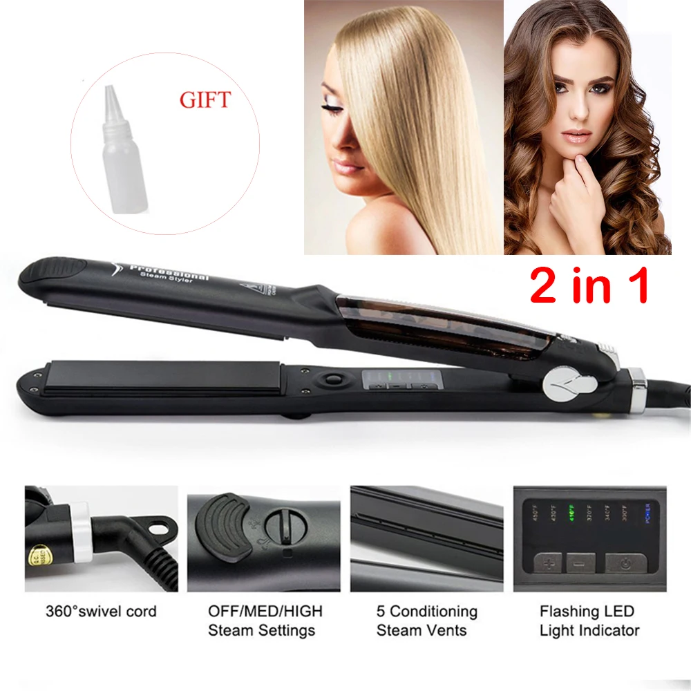 

CHJPRO Ceramic Steam Hair Straightener Curler Professional Flat Iron 2in1 Straightening Curling Iron Hair Steamer Styling Tool