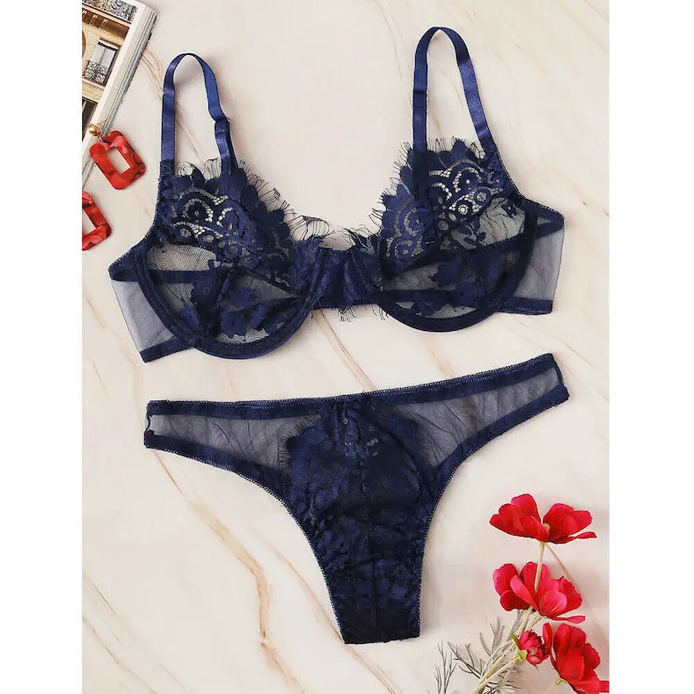 

New Sexy Women Lace Lingerie Bra G-string Set Female Vogue chic Brief Sets Lady lace flower Bra and panties Thong femme Unlined
