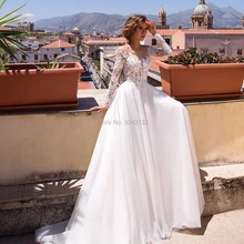 Романтические кружевные аппликации с длинными рукавами трапециевидные Свадебные платья круглый вырез длина до пола Тюль Свадебные платья, платья невесты