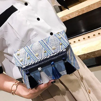 

NEW-New Summer Retro Ethnic Style Simple Woven Tassel Chain Small Square Bag