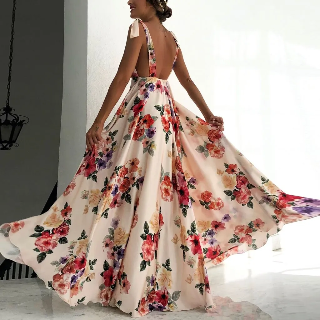 2018 Summer Women Floral Print Boho Dress Sexy Deep V-Neck Maxi Beach Sundress Spaghetti Strap Backless Long Dresses Dresses