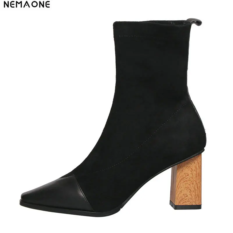 

NEMAONE high heels Women Boots Cow Suede leather patchwork Sexy Ankle Boots Pointed Toe Winter Shoes Women Boots size 34-43