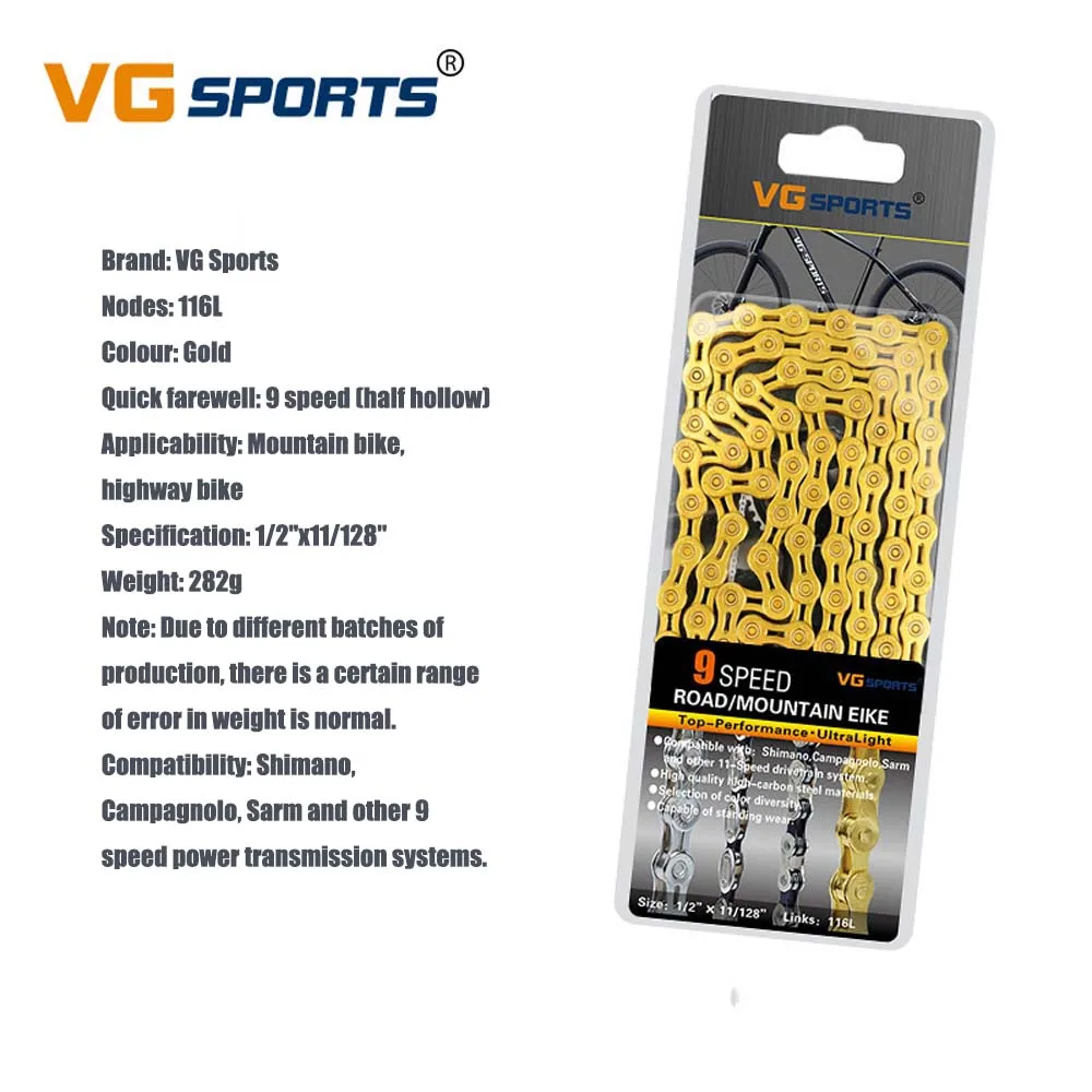 MTB Bicycle Chain 8 9 10 11 Speed Road Bike Full Hollow Chain Mountain Bike Half Hollow Chain Golden Silver Colour VG Sports - Цвет: 9S Half-Hollow Gold