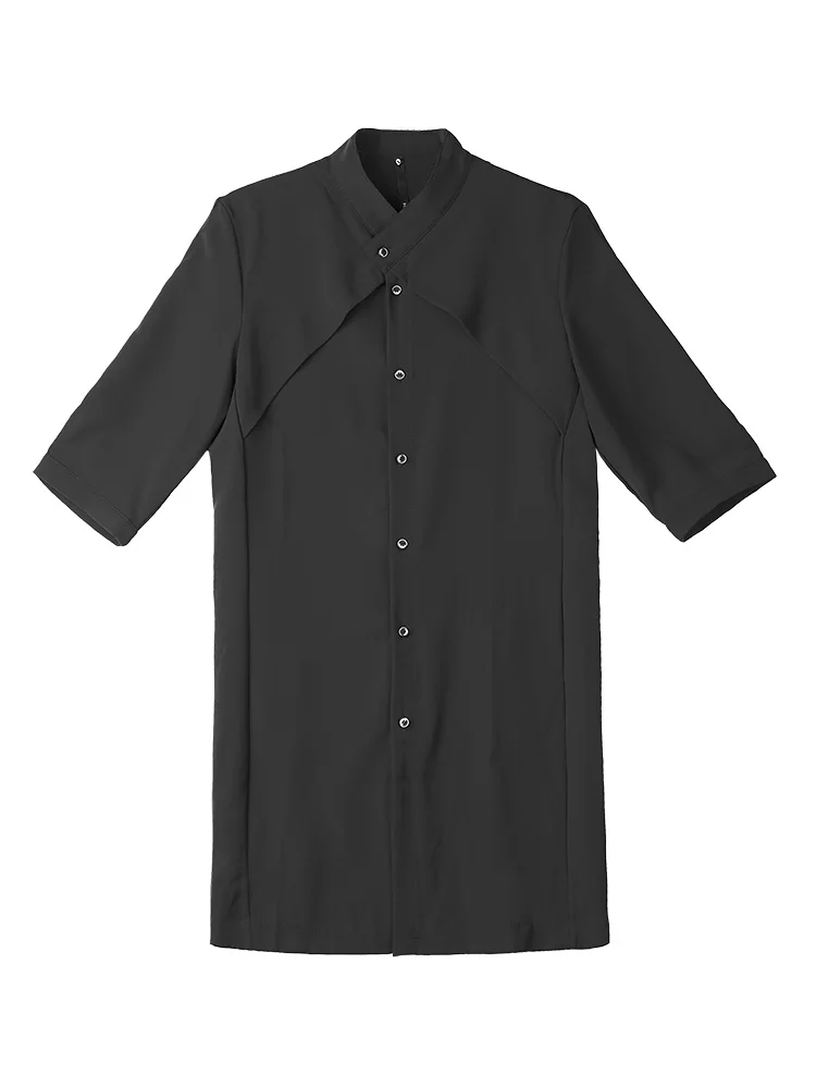Тонкая длинная рубашка тонкий личности прилив Для мужчин волос стилист Костюмы Стенд воротник рубашка с короткими рукавами черный
