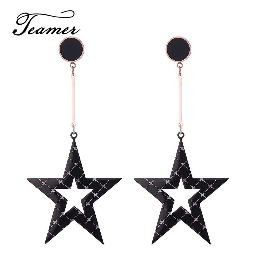 

Teamer High Quality Stainless Steel Earrings Party Statement Jewelry Bijoux Black Pattern Star Charm Hollow Moon Star Earrings