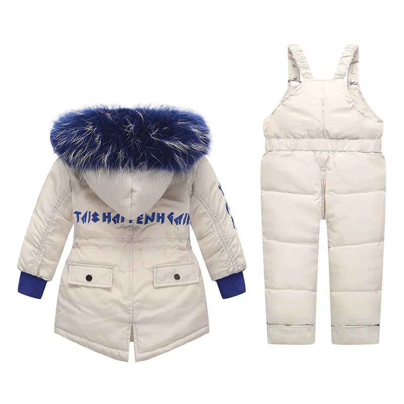 Одежда для маленьких девочек комплекты зимней одежды-30 градусов детский лыжный костюм для мальчиков; для мальчиков и девочек штормовки-для детей, пуховик с гусиным пухом, куртка+ комбинезон, костюмы
