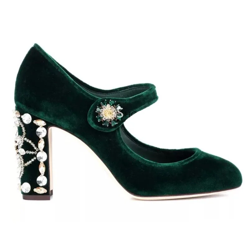 

2019 Summer Newest Green Velvet Crystal Embellished Thick Heels Pumps for Woman Round Toe Ankle Strap Mary Janes Heels