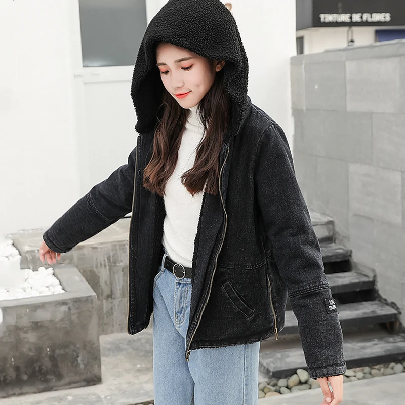 Lâche black2 À Pour Vintage 2018 Noir Tops blue Dames Capuchon Denim Manches Fille Manteaux Veste D'hiver Nouvelle Longues Jean Outwear Femmes Polaire Black Arrivée Pgqw6atg
