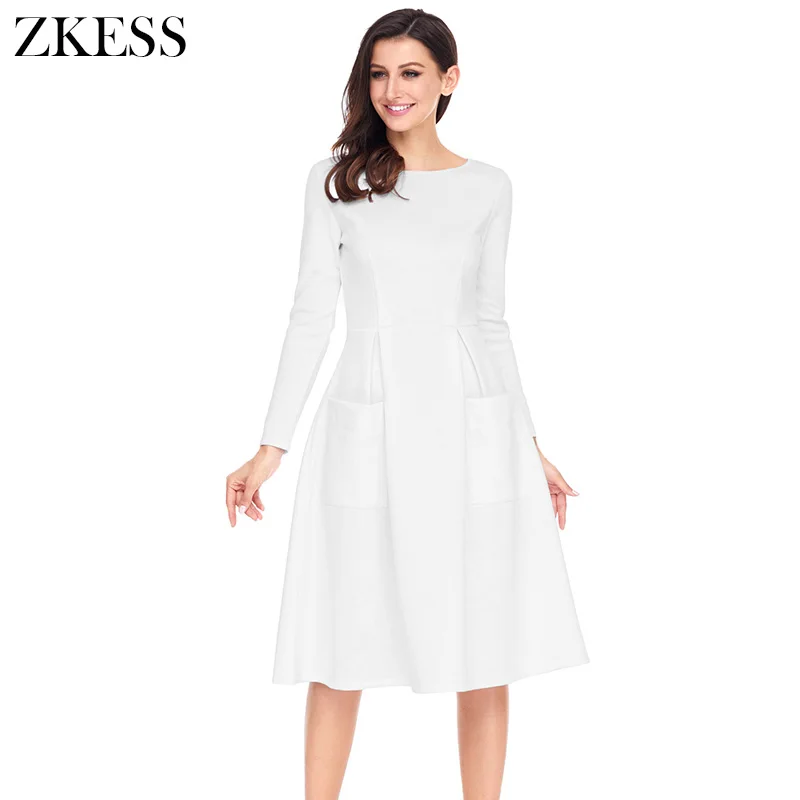 White-Bateau-Collar-Casual-Big-Pocket-Skater-Dress-LC61799-1-5 