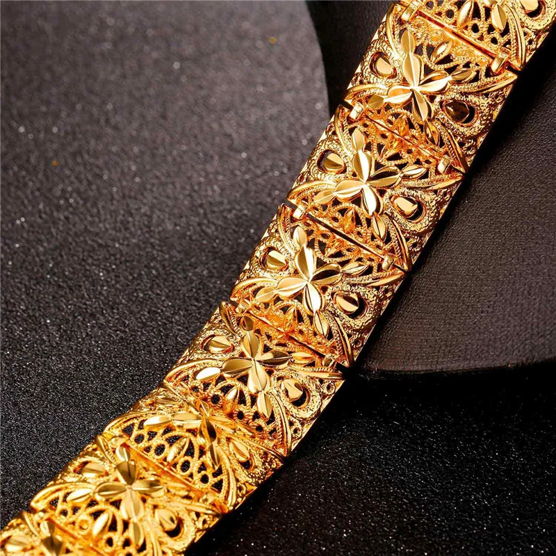 Винтажный Широкий Браслет-манжета для женщин, индийские ювелирные изделия длиной 20 см, ширина 2,2 см, золотой цвет, милый металлический модный браслет, браслеты H2400