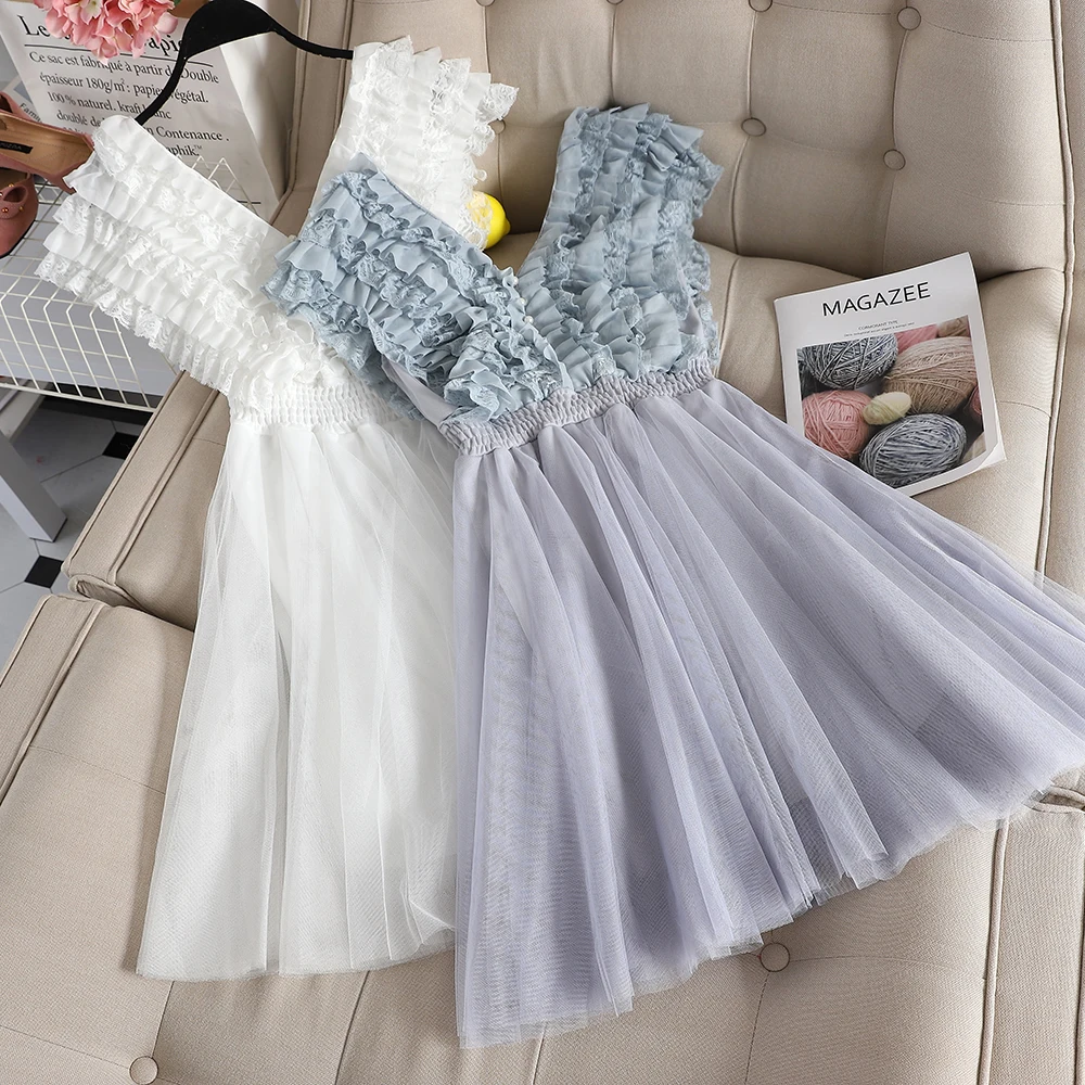 

Women Summer V-neck Sleeveless Pearl Bead Tulle Ruffles Pleated Dress Vintage A-line Elastic Slim Mesh Gauze Voile Midi Dresses