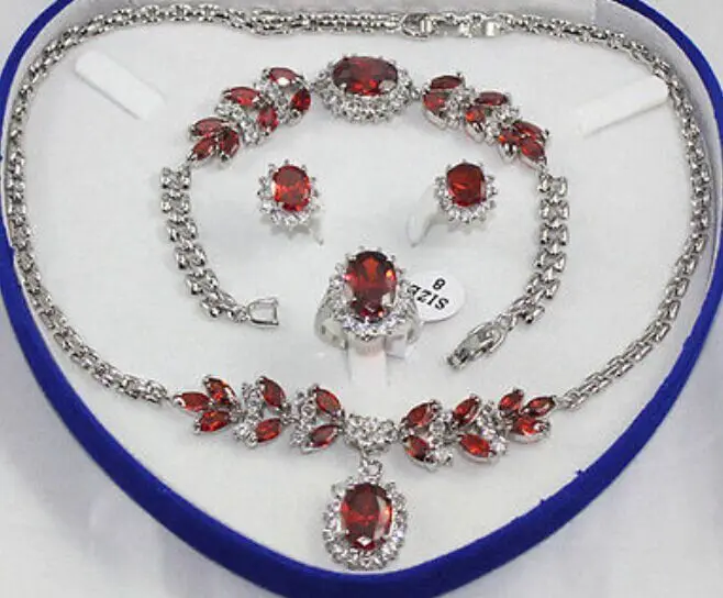 

QW66 18KGP Inlay Red crystal Necklace Bracelet Ring Earring set AAA style 100% Natural jade Noble Fine jewe