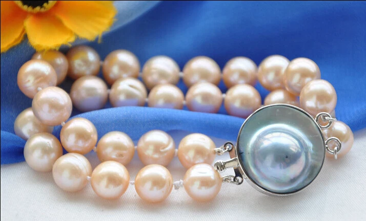 

FREE shipping>>>>Z5552 NATURAL 2row 8" 12mm ROUND PINK PEARL BRACELET MABE