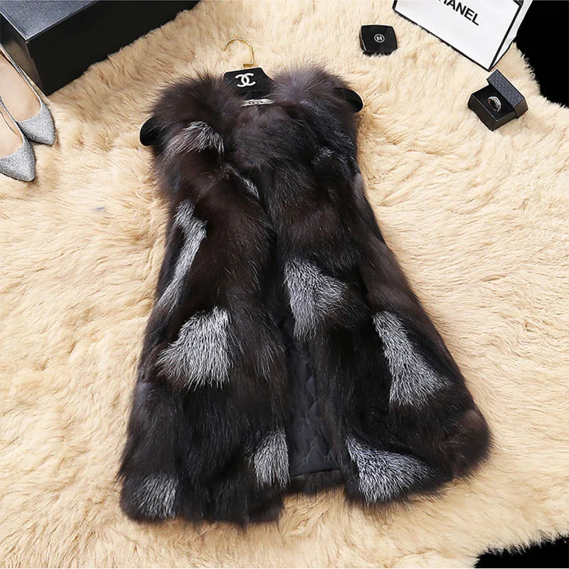 

2018 New Long O-neck Real Fur Vest Fox Vest Genuine Leather Fur Coat Natural Real Waistcoats Jackets For Women Colete De Pele
