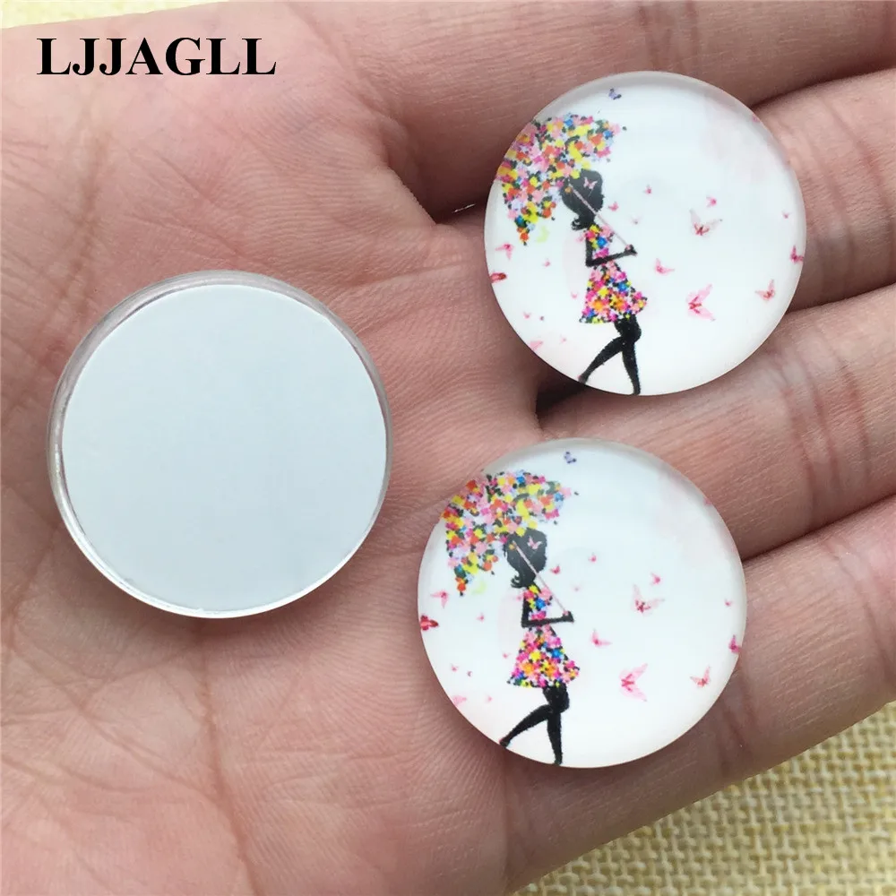 

Art Design Girl Walking in the Rain Butterfly Umbrella Patch Cameo Diy Flat Round Cabochon 25MM 6pcs For Jewelry Charm Set