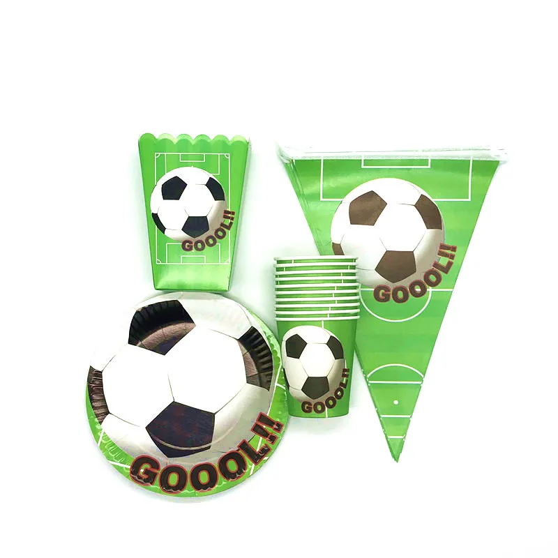 

Hot Sales Green Football Theme 40Pcs/Lot Paper Tableware Cups Plates Flags Popcorn Box Kid Boy Birthday Party Decoration Supply