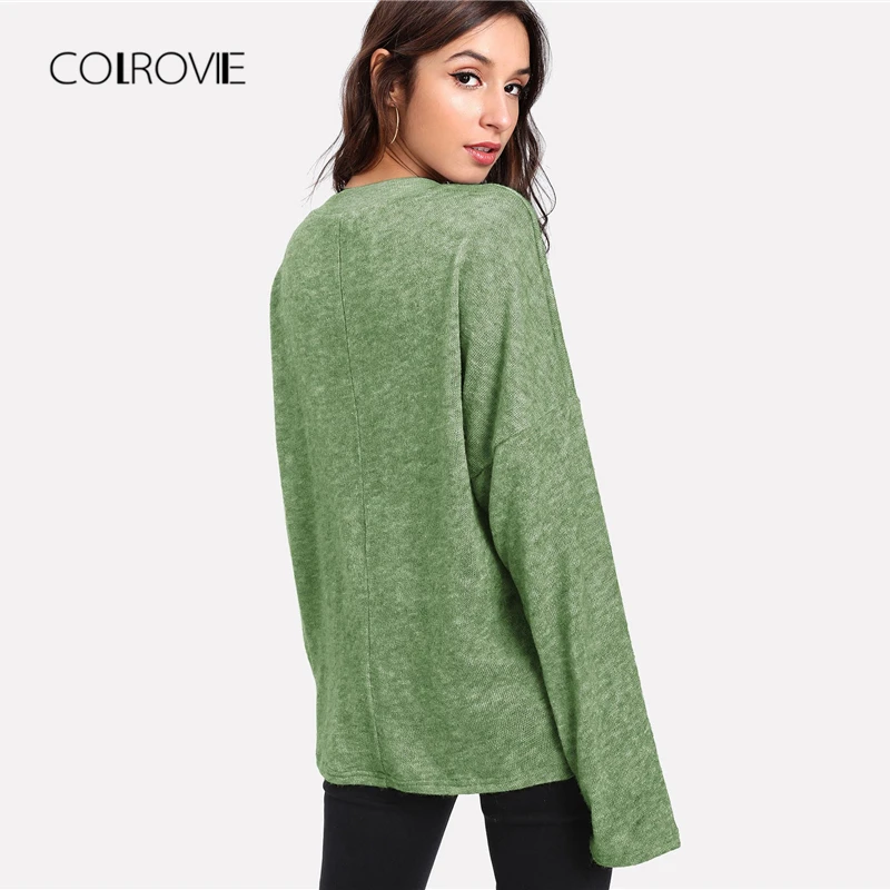 COLROVIE синий сплошной ресниц кружево вязаный свитер для повседневной носки осень г. V образным вырезом Зеленый для женщин джемпер пуловеры