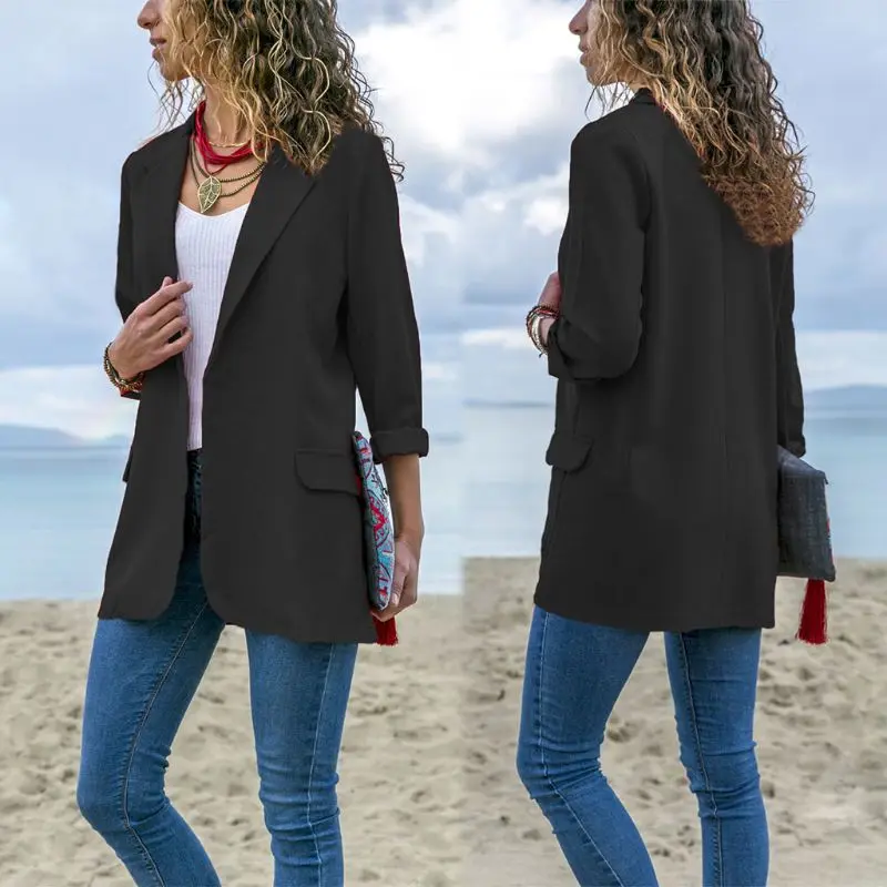 

Women Autumn Spring Long Sleeve Suit Jacket Solid Front Open Slim Coat