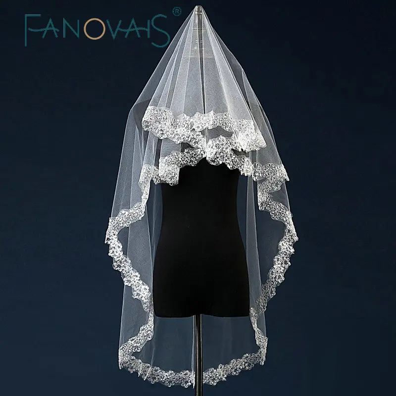 Ivory White Short Sequins Lace Appliques Edge Wedding Bridal Veils 2017