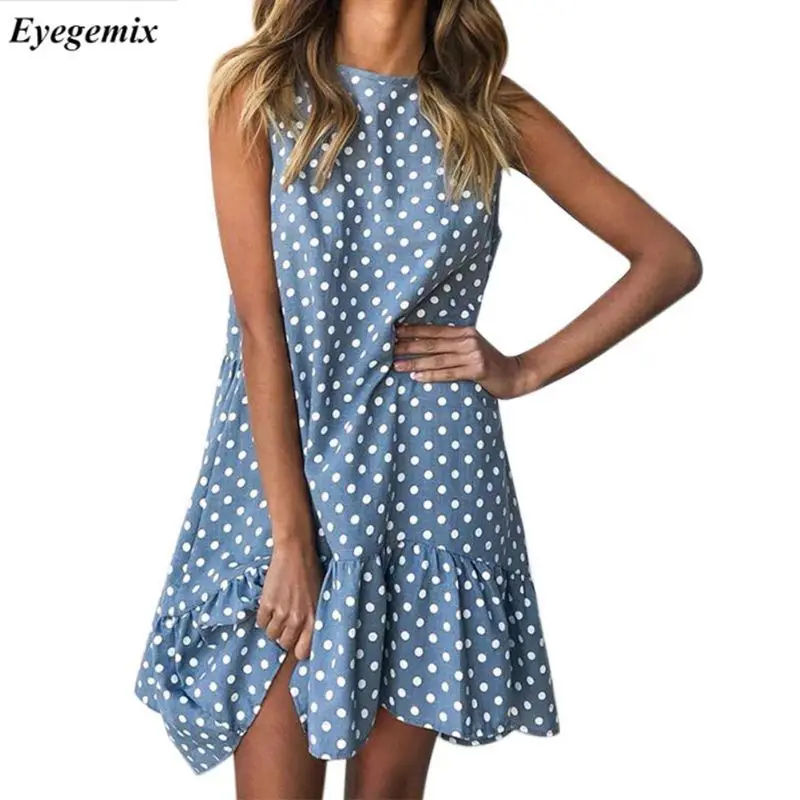

Summer Ruffles Beach Dress 2019 Women Polka Dot Print Mini Dress Girls Sleeveless Loose Casual O Neck Party Dresses Vestidos