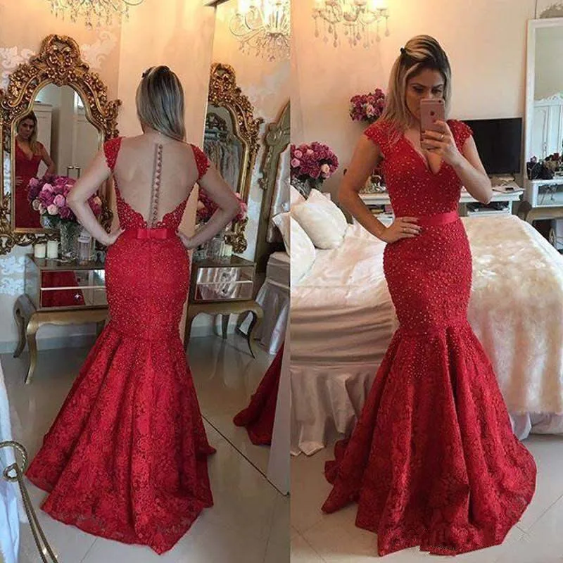 Красное сексуальное прозрачное кружевное вечернее платье из жемчуга Vestido Vermelho Longo с v-образным вырезом и бантом из ленты, арабское выпускное платье - Цвет: Красный